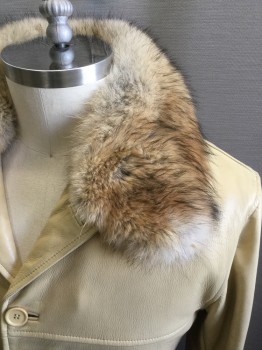 Mens, Coat, Leather, MAC & WISE, Beige, Leather, Faux Fur, Solid, L, 44, Single Breasted, Collar Attached, Notched Lapel, 2 Pockets, Raised Yoke Seam, Brown/Tan Faux Fur Zip Attached Collar, Light Orange Faux Fur Zip Attached Half Lining, Hem Below Knee