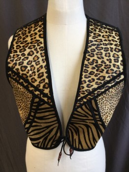 Womens, Leather Vest, FOX 100, Black, Brown, Lt Brown, Leather, Suede, Animal Print, M, Animal Print Patch Work with Black Trim & Black Back, Tie Front with 3 Wooden Beads on Each Side, Black Lining, Black Short Belt Back