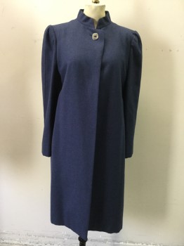 Womens, Coat, PAULINE TRIGERE, Navy Blue, Wool, Heathered, B38, Coat, Stand Collar, 1 Silver Button, Self Sleeve Stripe, Navy with Off-White Smattered Lines Lining, ***with Scarf, Solid Heather Navy with Novelty Print on Reverse, 60's Inspired