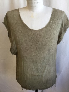 Unisex, Sci-Fi/Fantasy Top, N/L (MTO), Khaki Brown, Cotton, Solid, M, 40, (AGED)  Scoop Neck, Cut-off Sleeves, Frayed Hem