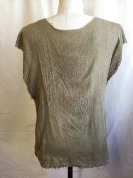 Unisex, Sci-Fi/Fantasy Top, N/L (MTO), Khaki Brown, Cotton, Solid, M, 40, (AGED)  Scoop Neck, Cut-off Sleeves, Frayed Hem