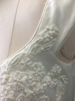 Womens, Wedding Gown, LA MONDE FASHIONS, White, Polyester, Beaded, Floral, Solid, Sz. 10, White Satin Bodice, Off the Shoulder 2" Straps with 1" Ruched Elastic Shoulder Strap Underneath, White Lace Appliqués with Tiny Pearls, Tulle Poufy Skirt/Bottom with Lace Appliqués and Pearls Scattered Throughout, Floor Length, Center Back Zipper