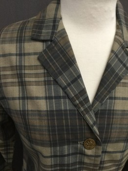 Womens, Blazer, MTO, Brown, Lt Brown, Charcoal Gray, Cotton, Plaid, 34B, Single Breasted, 3 Buttons,  Notched Lapel, 2 Pocket Flaps, Unlined