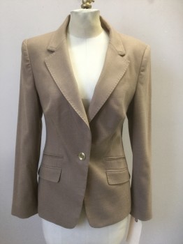 TED BAKER, Camel Brown, Wool, Solid, Single Breasted, 1 Button, Notched Lapel, 4 Pockets, 2 Flap and 2 Welt, Top Stitch,