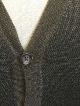 SAKS FIFTH AVE, Brown, Black, Wool, Silk, 2 Color Weave, Brown with Black Dotted Weave/Knit, Solid Brown Edging at Armholes, Button Placket and Hem, Cardigan Button Front, V-neck