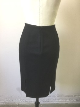 EMPORIO ARMANI, Black, Wool, Solid, Pencil Skirt, Knee Length, Invisible Zipper at Center Back Waist, 2 Vents at Hem in Back