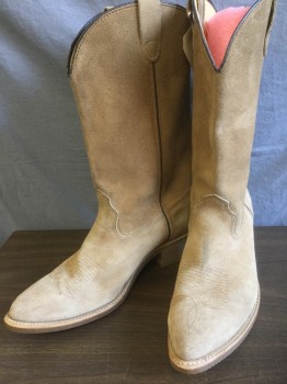 H H, Tan Brown, Suede, Solid, Tan Suede with Dark Brown Leather Piping, Mid Calf Length, Pointed Toe, 1.5" Heel, Self Embroidery