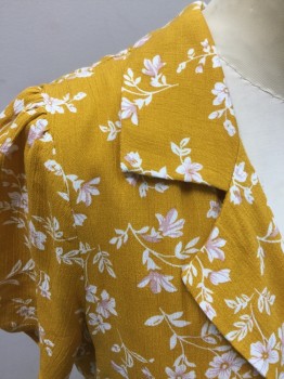 AUDREY, Turmeric Yellow, White, Mauve Pink, Rayon, Floral, Turmeric with White Floral Print, 2 Button Front, Collar Attached, Notched Lapel, Short Sleeves, with Gather, Side Zip