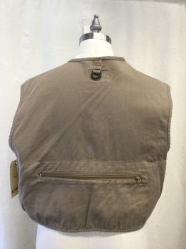 AUSABLE, Brown, Cotton, Solid, Twill, Zip Front, 1 Snap Button,11 Flap Velcro Pockets, 3 Zip Pockets, 1 Zipper Back Pocket, 2 Front D. Rings, 1 Back D. Ring