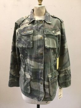 VINAGE HAVANA, Olive Green, Brown, Cotton, Camouflage, Heathered, Long Sleeves, Zip Front, Collar Attached, 4 Pockets, Drawstring Waist, Shoulder Placket, Brass Buttons