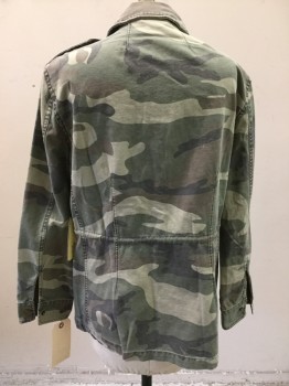 VINAGE HAVANA, Olive Green, Brown, Cotton, Camouflage, Heathered, Long Sleeves, Zip Front, Collar Attached, 4 Pockets, Drawstring Waist, Shoulder Placket, Brass Buttons