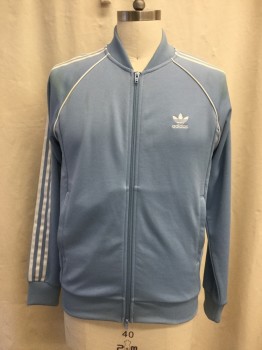 ADIDAS, Powder Blue, White, Polyester, Cotton, Solid, Zip Front, 2 Pockets, Raglan Long Sleeves, Ribbed Knit Bomber Collar, Ribbed Knit Cuff/Waistband, White Piping, 3 White Stripes Down Sleeves