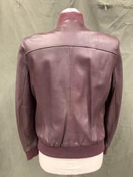 SAKS FIFTH AVENUE, Red Burgundy, Leather, Solid, Zip Front, Ribbed Knit Bomber Collar/Waistband/Cuff, 2 Welt Pockets, Yoke *Shoulder Burn*