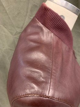SAKS FIFTH AVENUE, Red Burgundy, Leather, Solid, Zip Front, Ribbed Knit Bomber Collar/Waistband/Cuff, 2 Welt Pockets, Yoke *Shoulder Burn*