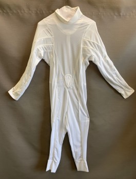 Mens, Jumpsuit, N/L MTO, White, Spandex, Nylon, Solid, W:32, C:38", G:68", Sheer Stretchy Mesh, Long Sleeves, Full Legs, Stand Collar with Divot at Center Front, Piping Along Seams, Invisible Zipper in Back, Multiples, Made To Order