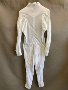 Mens, Jumpsuit, N/L MTO, White, Spandex, Nylon, Solid, W:32, C:38", G:68", Sheer Stretchy Mesh, Long Sleeves, Full Legs, Stand Collar with Divot at Center Front, Piping Along Seams, Invisible Zipper in Back, Multiples, Made To Order