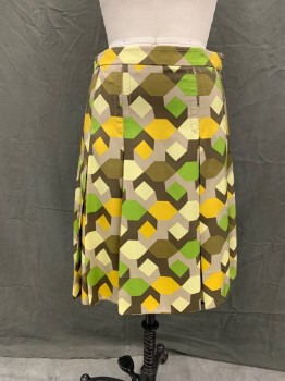 MARC JACOBS, Yellow, Green, Taupe, Brown, Mint Green, Silk, Geometric, Drop Pleats, 1 1/2" Waistband, Side Zip, Taupe Heavy Stitching