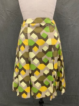 MARC JACOBS, Yellow, Green, Taupe, Brown, Mint Green, Silk, Geometric, Drop Pleats, 1 1/2" Waistband, Side Zip, Taupe Heavy Stitching
