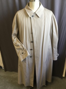 LONDON FOG, Khaki Brown, Olive Green, Cotton, Polyester, Solid, Long Coat, Collar Attached, Single Breasted, Hidden Button Front, DETATCHABLE Shinny Silvery-olive Lining, 2 Pockets, Long Sleeves, with Short Belt & 1 Matching Button, 1 Split Back Center Hem