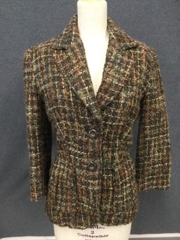 CYNTHIA VINCENT, Dk Brown, Rust Orange, Mint Green, Tan Brown, Wool, Acrylic, Grid , Tweed, Single Breasted, Collar Attached, Notched Lapel, 2 Buttons,  2 Flap Pockets with Inverted Pleats, 3/4 Sleeve, Tan Suede Elbow Patches