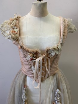Womens, Historical Fiction Dress, MTO, Peachy Pink, Ivory White, Lt Gray, Polyester, Silk, Solid, Dots, W 28, B 34, Antiqued Glitter Tulle, Lace Up Boned Bodice, Pleated Ruffle at Shoulders with Sequins, Faux Flowers with Rhinestone Centers, Cap Sleeves with Ruffles, Over Dress, Aged/Distressed, Ribbons at Hem, Velvet Ribbon to Lace Up, 1700s