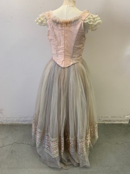 MTO, Peachy Pink, Ivory White, Lt Gray, Polyester, Silk, Solid, Dots, Antiqued Glitter Tulle, Lace Up Boned Bodice, Pleated Ruffle at Shoulders with Sequins, Faux Flowers with Rhinestone Centers, Cap Sleeves with Ruffles, Over Dress, Aged/Distressed, Ribbons at Hem, Velvet Ribbon to Lace Up, 1700s