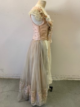 Womens, Historical Fiction Dress, MTO, Peachy Pink, Ivory White, Lt Gray, Polyester, Silk, Solid, Dots, W 28, B 34, Antiqued Glitter Tulle, Lace Up Boned Bodice, Pleated Ruffle at Shoulders with Sequins, Faux Flowers with Rhinestone Centers, Cap Sleeves with Ruffles, Over Dress, Aged/Distressed, Ribbons at Hem, Velvet Ribbon to Lace Up, 1700s