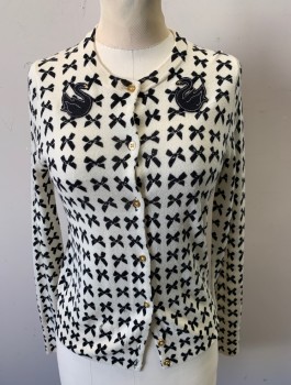 J.CREW, White, Black, Wool, Novelty Pattern, Repeating Bows Pattern, Knit, 2 Mirrored Black Swan Appliques at Bust, Long Sleeves, Button Front, Round Neck,  Gold Buttons