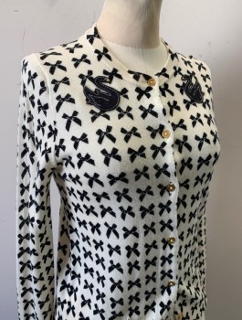 Womens, Sweater, J.CREW, White, Black, Wool, Novelty Pattern, S, Repeating Bows Pattern, Knit, 2 Mirrored Black Swan Appliques at Bust, Long Sleeves, Button Front, Round Neck,  Gold Buttons