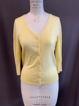 FERVOUR, Yellow, Acrylic, Nylon, Solid, 7 Light Yellow Buttons Down Front, V-neck