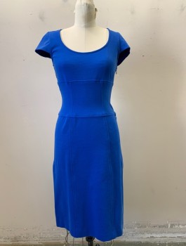 Womens, Dress, Short Sleeve, DVF, Blue, Cotton, Polyester, 6, Form Fitting Stretch Dress, Chroma Key Blue, Cap Sleeves, Seamed Waist and Skirt Panels, 2 Pleats on Back of Skirt