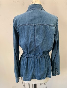 Womens, Casual Jacket, HINGE, Denim Blue, Cotton, Solid, S, Zip Front, Drawstring Waist, Stand Collar, 4 Pockets