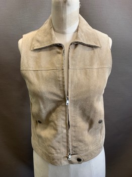 Womens, Leather Vest, THEORY, Tan Brown, Leather, Suede, Solid, S, Zip Front, Double Zipper, 2 Pockets, Extended Waistband with Snap, Nickel Snaps
