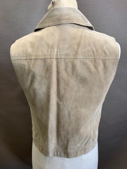 Womens, Leather Vest, THEORY, Tan Brown, Leather, Suede, Solid, S, Zip Front, Double Zipper, 2 Pockets, Extended Waistband with Snap, Nickel Snaps