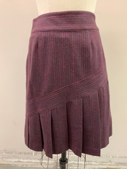 Womens, Skirt, Below Knee, PAUL SMITH, Dk Purple, Wool, W: 30, Pleated, A-Line, Zip Back, Diagonal Stripe Across Front