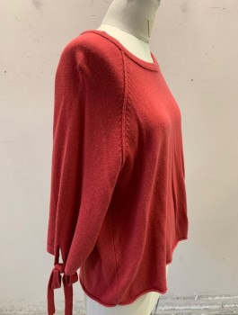 VELVET, Cherry Red, Cashmere, Solid, Knit, 3/4 Sleeves with Self Ties at Wrists, Raglan Sleeves, Wide Scoop Neck, Curled Edge at Hem