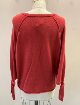 VELVET, Cherry Red, Cashmere, Solid, Knit, 3/4 Sleeves with Self Ties at Wrists, Raglan Sleeves, Wide Scoop Neck, Curled Edge at Hem