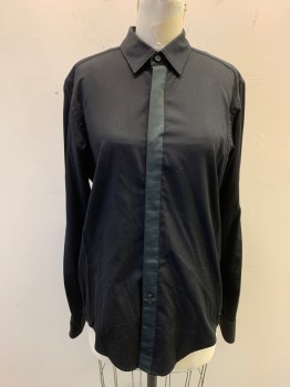 HUGO BOSS, Black, Cotton, Solid, Button Front, Faille Ribbon Hidden Placket, Collar Attached, Long Sleeves, Button Cuff