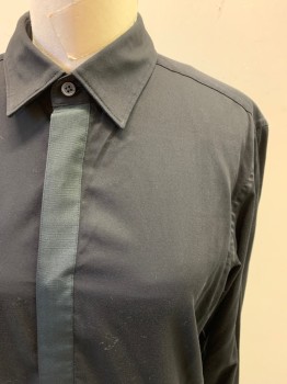 HUGO BOSS, Black, Cotton, Solid, Button Front, Faille Ribbon Hidden Placket, Collar Attached, Long Sleeves, Button Cuff