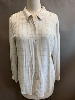 EILEEN FISHER, Off White, Navy Blue, Silk, Plaid-  Windowpane, L/S, Button Front, C.A.,