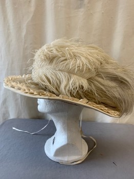 Womens, Hat 1890s-1910s, MTO, Cream, Silk, Feathers, Solid, Gathered Chiffon Brim with Gathered Satin Ribbon and Grosgrain Edge Trim, Beaded Satin Bow and Buckle, Somewhat Delicate, Nicely Mended in Spots