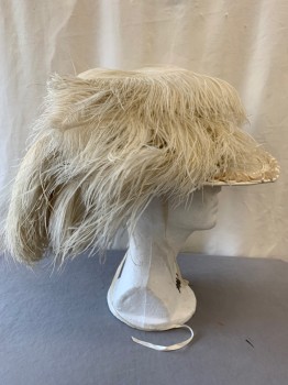 Womens, Hat 1890s-1910s, MTO, Cream, Silk, Feathers, Solid, Gathered Chiffon Brim with Gathered Satin Ribbon and Grosgrain Edge Trim, Beaded Satin Bow and Buckle, Somewhat Delicate, Nicely Mended in Spots