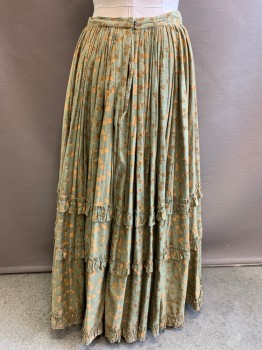 Womens, Skirt 1890s-1910s, MTO, Dusty Green, Brown, Peachy Pink, Cotton, Leaves/Vines , W30, 3 Rows of 2" Wide Ruffles, Hook & Eyes with Snaps, Gathers Into Waistband Center Back, Mended