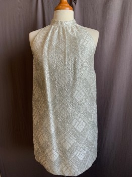 MISS RITA, Silver, Lurex, Grid , Halter, Sleeveless, Band Collar with Pearl Button Back, Gathered at Front Neck, Back Zip, Mini