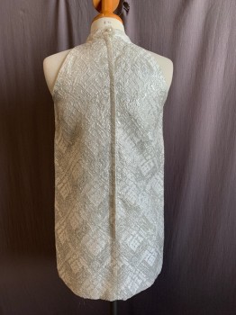 Womens, Cocktail Dress, MISS RITA, Silver, Lurex, Grid , B 34, Halter, Sleeveless, Band Collar with Pearl Button Back, Gathered at Front Neck, Back Zip, Mini