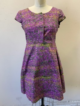 N/L MTO, Purple, Lavender Purple, Lime Green, Chartreuse Green, Cotton, Floral, Busy Field of Wild Flowers Pattern (Like a Monet Painting), Cap Sleeves, Scoop Neck, Hidden Button Closures at Front, A-Line, Knee Length, Zipper in Back, Retro, Made To Order