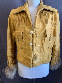 Mens, Leather Jacket, FAVORITE MUSHROOM!, Tan Brown, Lt Blue, Royal Blue, Red, Leather, Beaded, Solid, C42, 3 Buttons,  2 Patch Flap Button Loop Pockets, Collar Attached, Patchwork, Fringe, Fur Cuffs, He-cat Embossed on Yoke, Beaded Medallions, Has Matching Female Jacket Barcode Cf025147