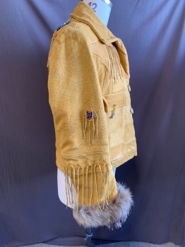 Mens, Leather Jacket, FAVORITE MUSHROOM!, Tan Brown, Lt Blue, Royal Blue, Red, Leather, Beaded, Solid, C42, 3 Buttons,  2 Patch Flap Button Loop Pockets, Collar Attached, Patchwork, Fringe, Fur Cuffs, He-cat Embossed on Yoke, Beaded Medallions, Has Matching Female Jacket Barcode Cf025147