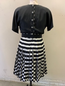 Cut Label, Black, Off White, Silk, Solid, Squares, High Neck ,buttons Down Back, *Matching Belt ,some Staining on Front