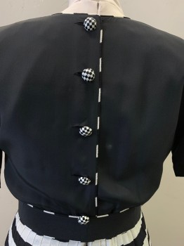Cut Label, Black, Off White, Silk, Solid, Squares, High Neck ,buttons Down Back, *Matching Belt ,some Staining on Front